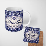 Personalized Custom Name Watercolor Gothic Lattice Indigo Blue Seamless Pattern Lovely 11oz Ceramic Coffee Tea Mug White Large Handle