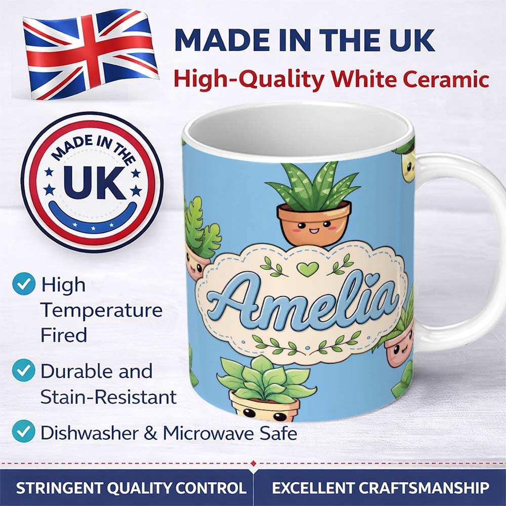 Personalized Custom Name Cute Kawaii Cute Plant Pots Leaves Seamless Pattern Blue Background 11oz Ceramic Coffee Tea Mug White Large Handle