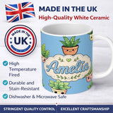 Personalized Custom Name Cute Kawaii Cute Plant Pots Leaves Seamless Pattern Blue Background 11oz Ceramic Coffee Tea Mug White Large Handle