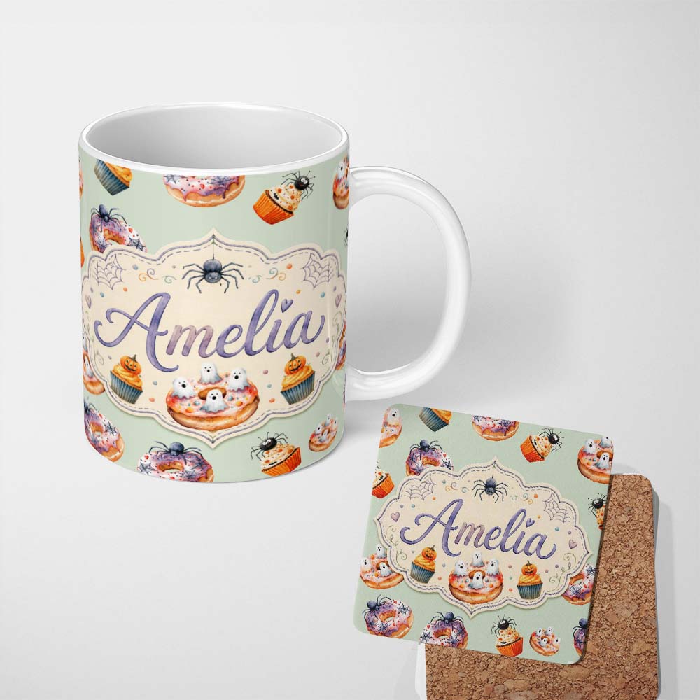 Personalized Custom Name Halloween Donuts Cupcakes Spiders and Ghosts Cute Sage Green Lovely 11oz Ceramic Coffee Tea Mug White Large Handle
