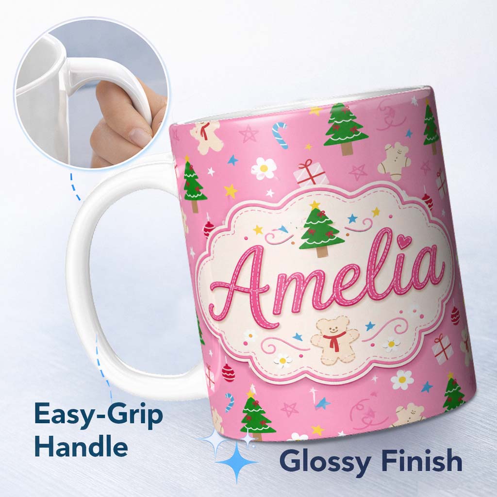 Personalized Custom Name Cute Christmas Cookie Candy Cane Tree Seamless Pattern Lovely 11oz Ceramic Coffee Tea Mug White Large Handle