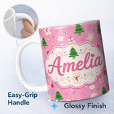 Personalized Custom Name Cute Christmas Cookie Candy Cane Tree Seamless Pattern Lovely 11oz Ceramic Coffee Tea Mug White Large Handle