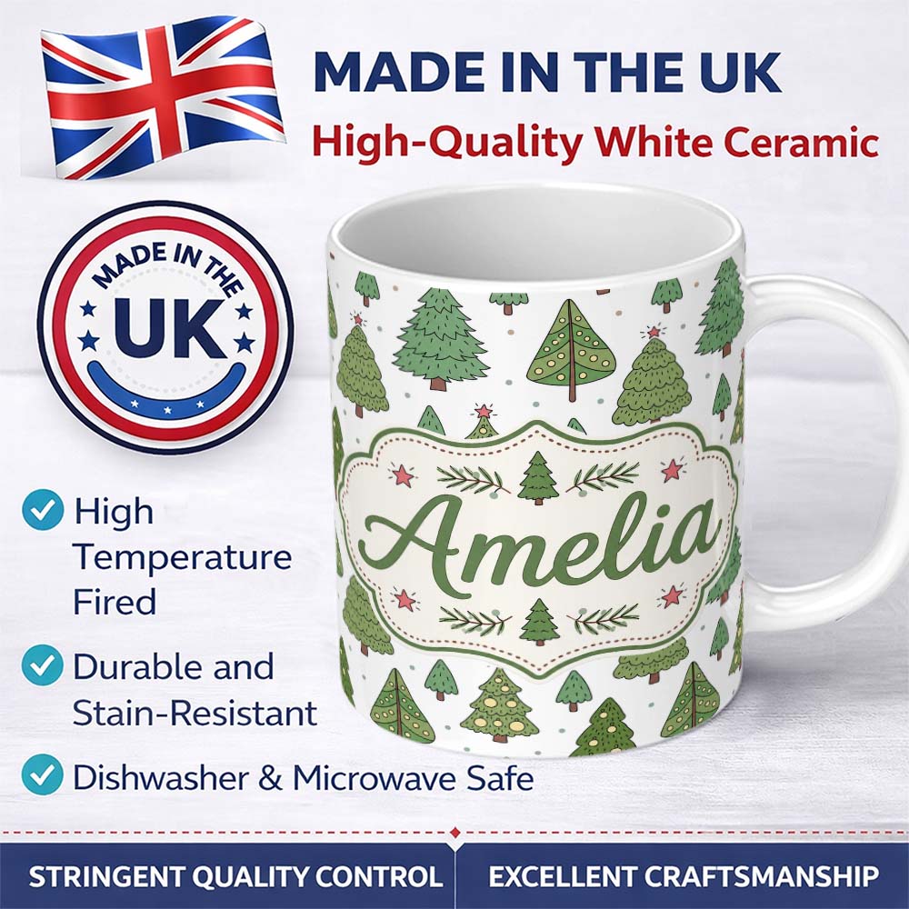 Personalized Custom Name Hand Drawn Christmas Trees with Ornaments and Dots Cute Seamless 11oz Ceramic Coffee Tea Mug White Large Handle