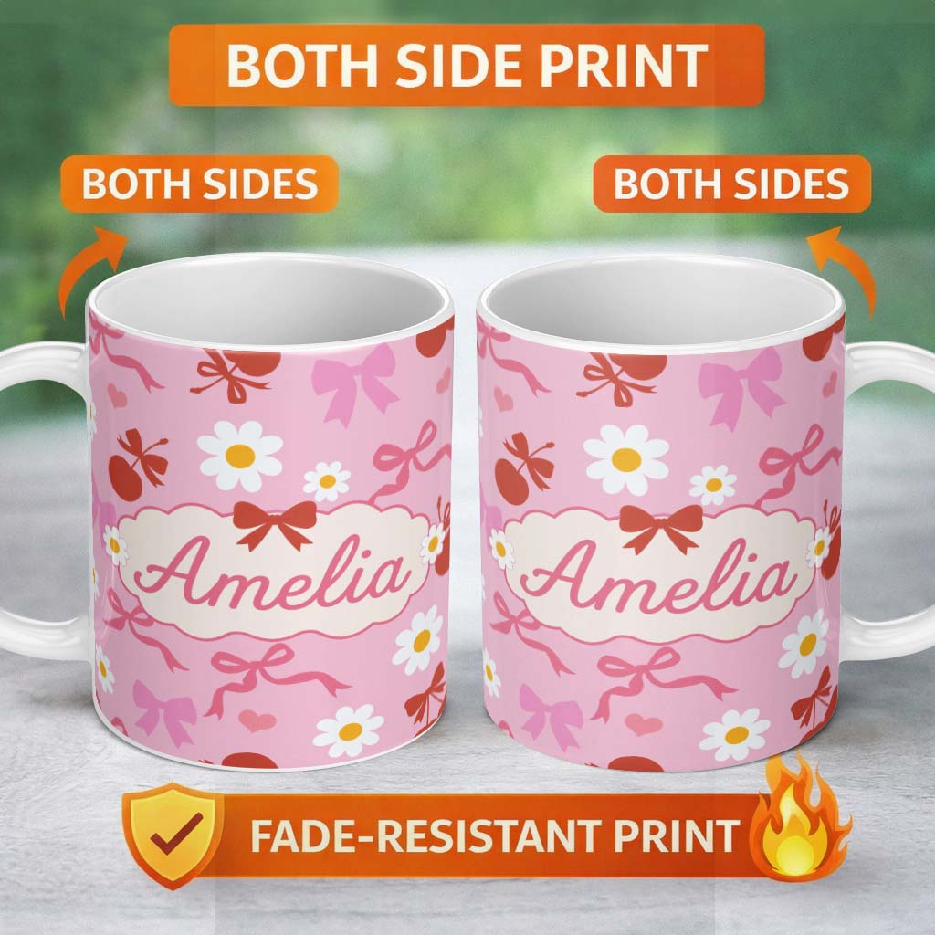 Personalized Custom Name Cute Cherry Bow Daisy Heart with White Daisies on Grey Background 11oz Ceramic Coffee Tea Mug White Large Handle