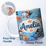 Personalized Custom Name Underwater with Scuba Divers Starfish and Whale on Soft Blue Lovely 11oz Ceramic Coffee Tea Mug White Large Handle