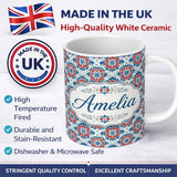 Personalized Custom Name Blue and Red Floral Mandala Tile Seamless Pattern Cute Unique Gift 11oz Ceramic Coffee Tea Mug White Large Handle