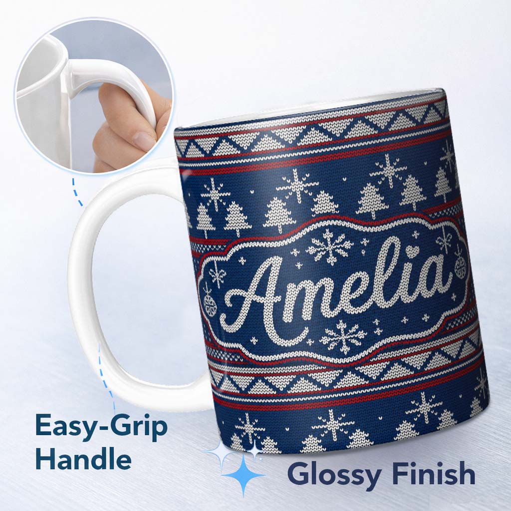 Personalized Custom Name Cute Blue Nordic Ornament Snowflake Winter Knitted Seamless Pattern 11oz Ceramic Coffee Tea Mug White Large Handle