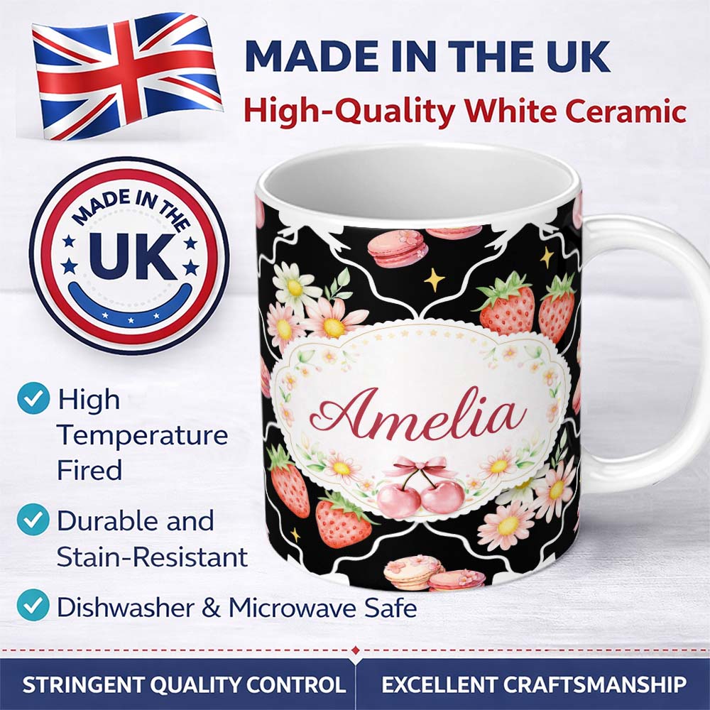 Personalized Custom Name Strawberry Cherry Daisy White Minimal Cute Coquette Floral Design 11oz Ceramic Coffee Tea Mug White Large Handle