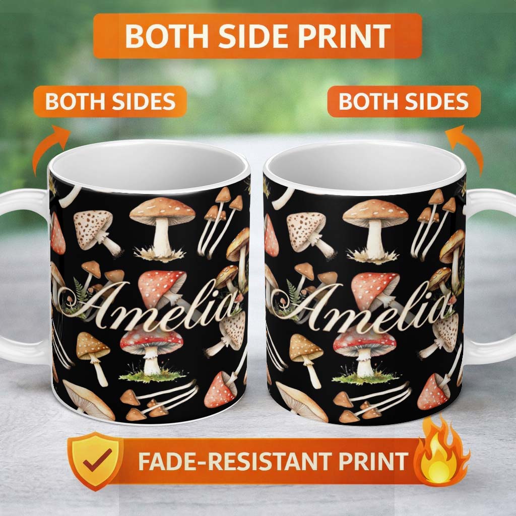 Personalized Custom Name Watercolor Woodland Mushroom Botanical Seamless Pattern Lovely 11oz Ceramic Coffee Tea Mug White Large Handle