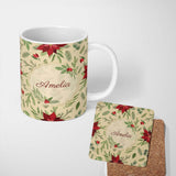 Personalized Custom Name Elegant Botanical Pine Leaves Poinsettia Flowers and Winter Greenery 11oz Ceramic Coffee Tea Mug White Large Handle