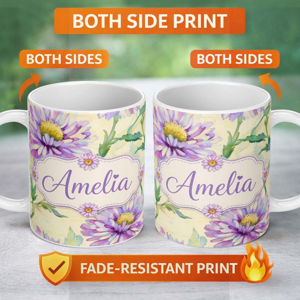 Personalized Custom Name Watercolor Purple Daisy Floral Seamless Pattern on Soft Cream Lovely 11oz Ceramic Coffee Tea Mug White Large Handle