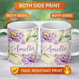 Personalized Custom Name Watercolor Purple Daisy Floral Seamless Pattern on Soft Cream Lovely 11oz Ceramic Coffee Tea Mug White Large Handle