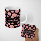 Personalized Custom Name Pink Daisy Floral Seamless Pattern on Light Background Lovely 11oz Ceramic Coffee Tea Mug White Large Handle