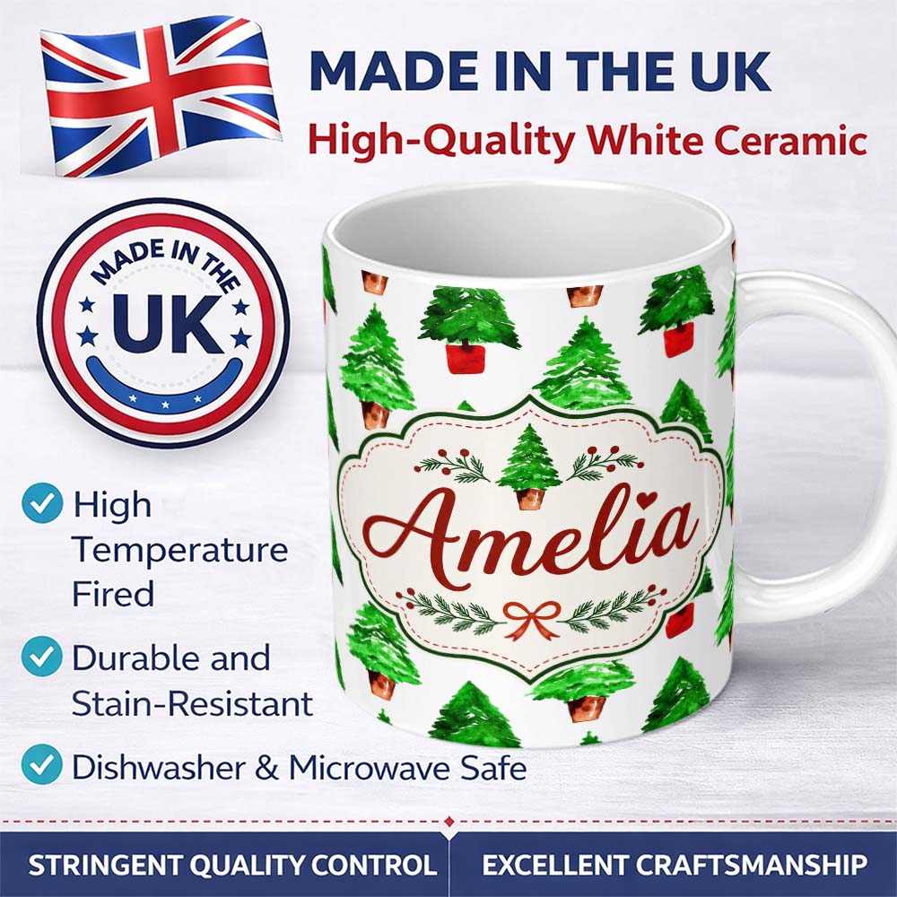 Personalized Custom Name Watercolor Christmas Tree in Pots Hand Painted Seamless Pattern 11oz Ceramic Coffee Tea Mug White Large Handle