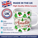 Personalized Custom Name Watercolor Christmas Tree in Pots Hand Painted Seamless Pattern 11oz Ceramic Coffee Tea Mug White Large Handle