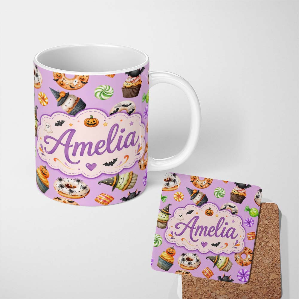 Personalized Custom Name Cute Halloween Donuts Cupcakes Bats Candy and Pumpkins Background 11oz Ceramic Coffee Tea Mug White Large Handle