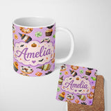 Personalized Custom Name Cute Halloween Donuts Cupcakes Bats Candy and Pumpkins Background 11oz Ceramic Coffee Tea Mug White Large Handle