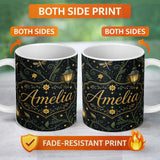 Personalized Custom Name Celestial Lantern Botanical Firefly Night Seamless Pattern Lovely 11oz Ceramic Coffee Tea Mug White Large Handle