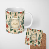 Personalized Custom Name Vintage Christmas Postcards Stamps and Winter Scenes Seamless Lovely 11oz Ceramic Coffee Tea Mug White Large Handle