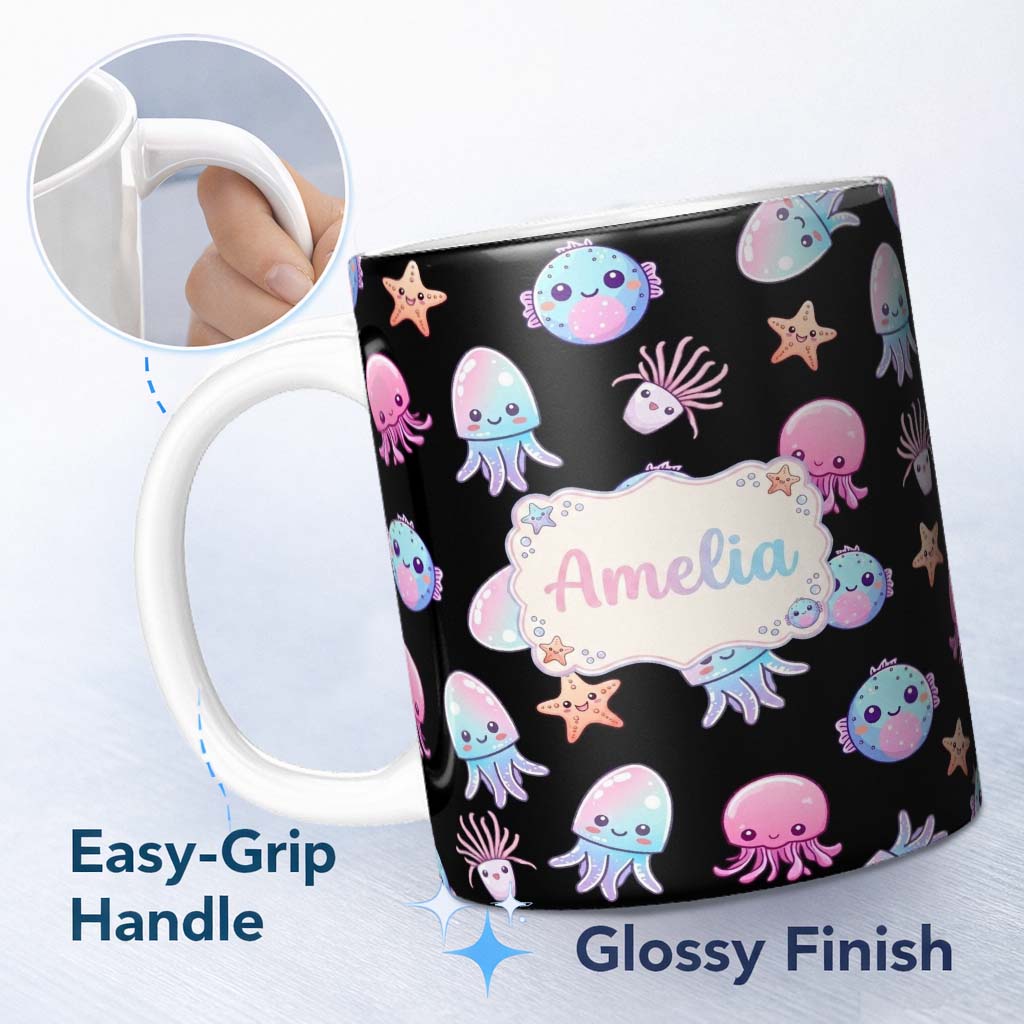 Personalized Custom Name Kawaii Jellyfish Starfish and Sea Creatures Light Grey Background 11oz Ceramic Coffee Tea Mug White Large Handle