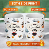 Personalized Custom Name Cute Halloween Dracula Ghost Bats on Light Grey Background Seamless 11oz Ceramic Coffee Tea Mug White Large Handle