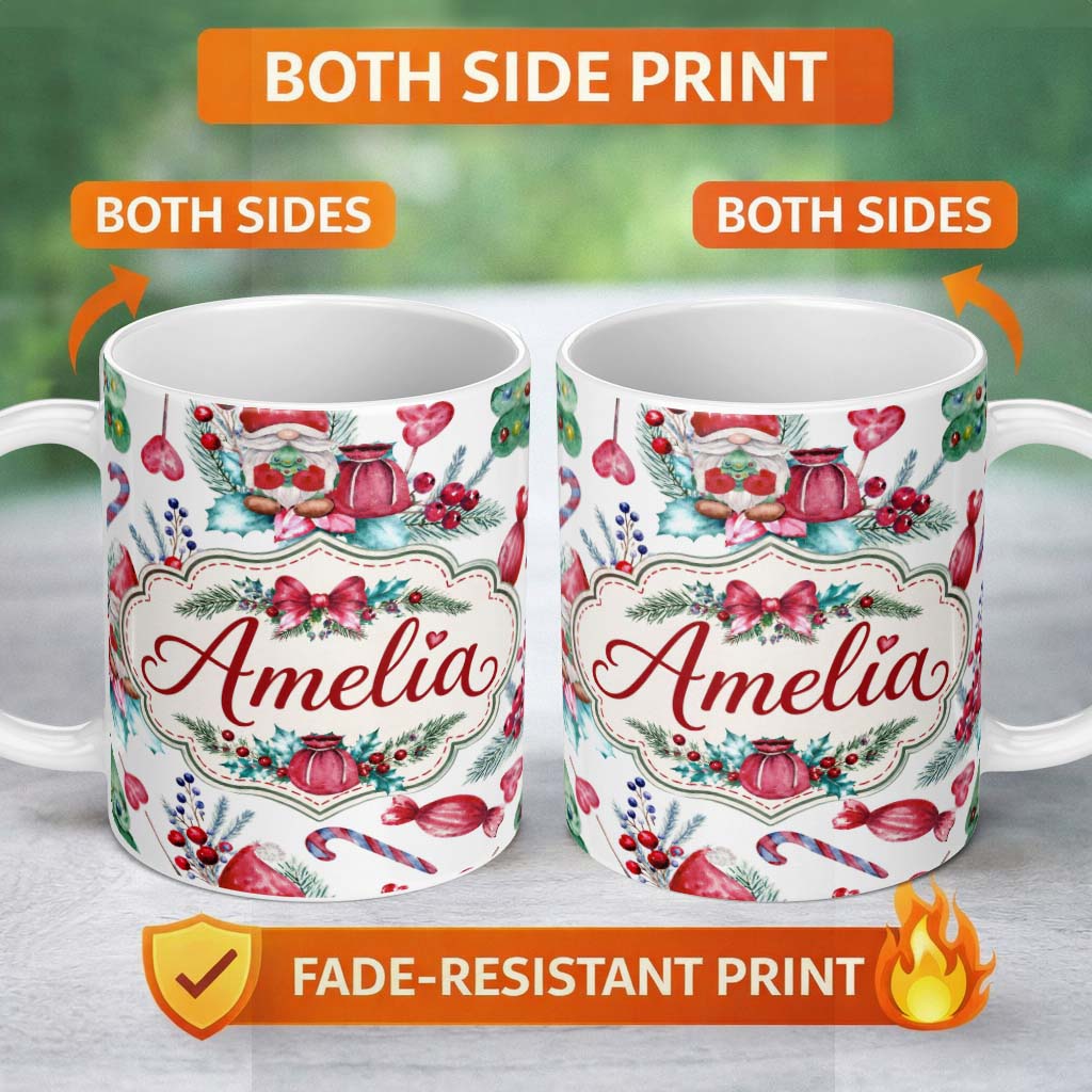 Personalized Custom Name Watercolor Christmas Gnome Candy Cane Tree Hearts Festive Seamless 11oz Ceramic Coffee Tea Mug White Large Handle