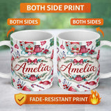 Personalized Custom Name Watercolor Christmas Gnome Candy Cane Tree Hearts Festive Seamless 11oz Ceramic Coffee Tea Mug White Large Handle
