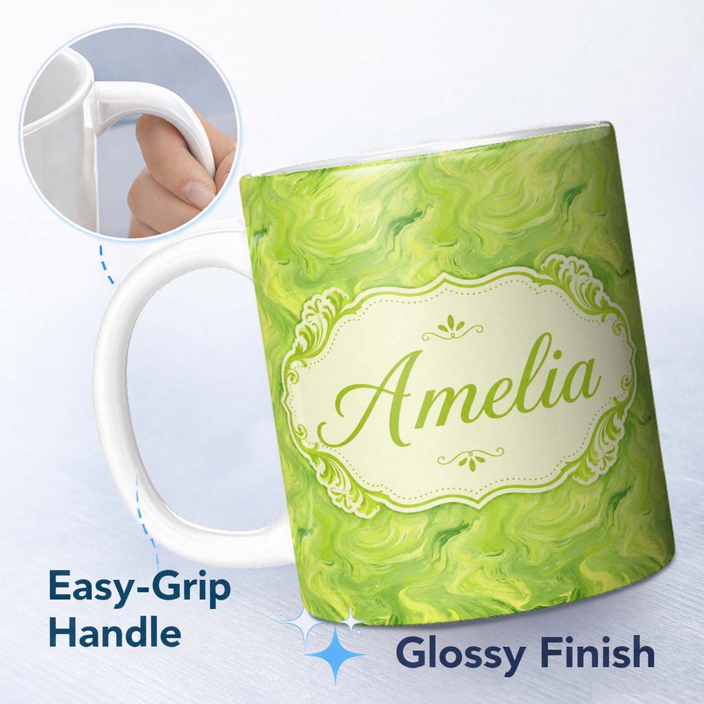 Personalized Custom Name Fluid Green Marble Swirl Abstract Seamless Pattern Modern Design 11oz Ceramic Coffee Tea Mug White Large Handle