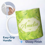 Personalized Custom Name Fluid Green Marble Swirl Abstract Seamless Pattern Modern Design 11oz Ceramic Coffee Tea Mug White Large Handle