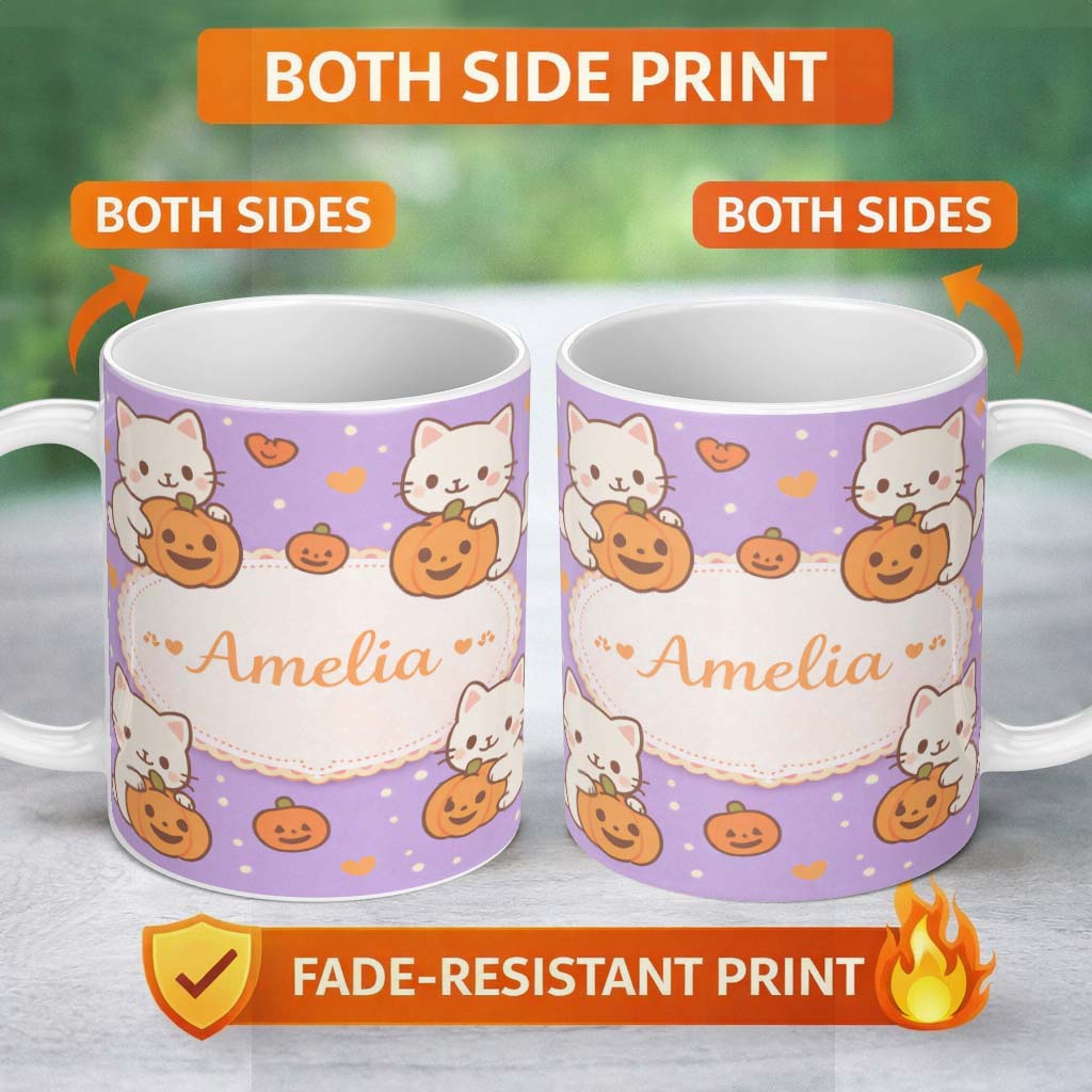 Personalized Custom Name Cute Halloween Cat Pumpkin Cartoon Animal Pattern Cute Unique Gift 11oz Ceramic Coffee Tea Mug White Large Handle