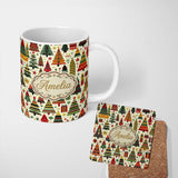 Personalized Custom Name Vintage Nordic Christmas Trees and Festive Ornaments in Red Green 11oz Ceramic Coffee Tea Mug White Large Handle