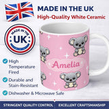 Personalized Custom Name Cute Cartoon Koala Bears with White Stars on Rose Pink Background 11oz Ceramic Coffee Tea Mug White Large Handle