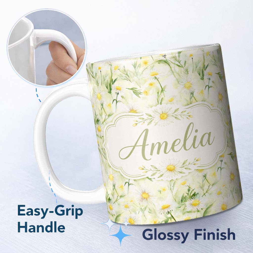 Personalized Custom Name Watercolor Daisy Wildflower Meadow Botanical Seamless Pattern Lovely 11oz Ceramic Coffee Tea Mug White Large Handle