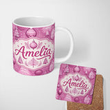 Personalized Custom Name Cute Pink Christmas Trees Ornaments Festive Seamless Pattern Lovely 11oz Ceramic Coffee Tea Mug White Large Handle