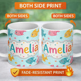 Personalized Custom Name Cute Colorful Fish Ocean Bubbles Underwater Seamless Pattern Lovely 11oz Ceramic Coffee Tea Mug White Large Handle