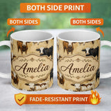 Personalized Custom Name Painterly Cow Cattle Portrait Farm Animal Seamless Pattern Lovely 11oz Ceramic Coffee Tea Mug White Large Handle