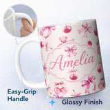 Personalized Custom Name Watercolor Pink Cherry Ribbon Bow Seamless Pattern Blush Neutral 11oz Ceramic Coffee Tea Mug White Large Handle