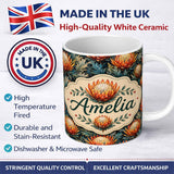 Personalized Custom Name Artistic Protea Floral with Blue Leaves Seamless Pattern Lovely 11oz Ceramic Coffee Tea Mug White Large Handle