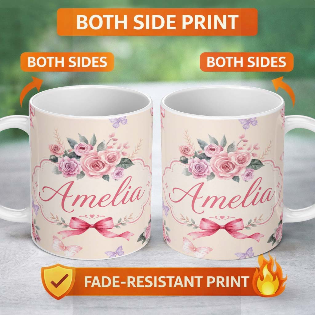 Personalized Custom Name Elegant Watercolor Rose Bouquet Ribbon Butterfly Soft Neutral Lovely 11oz Ceramic Coffee Tea Mug White Large Handle