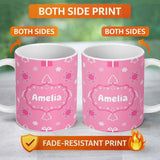 Personalized Custom Name Cute Pink Christmas Snowflakes Trees Gift Box Seamless Pattern 11oz Ceramic Coffee Tea Mug White Large Handle