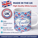 Personalized Custom Name Elegant Blue and Red Watercolor Floral Damask Seamless Pattern 11oz Ceramic Coffee Tea Mug White Large Handle