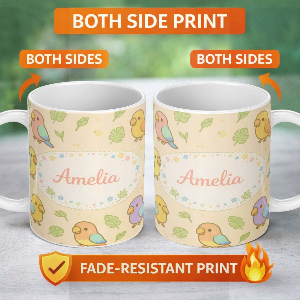 Personalized Custom Name Cute Tropical Parrot Cartoon Animal Pattern Charming Kitchen Decor 11oz Ceramic Coffee Tea Mug White Large Handle