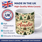 Personalized Custom Name Scandinavian Christmas Tree Star Ornament Nordic Seamless Pattern 11oz Ceramic Coffee Tea Mug White Large Handle