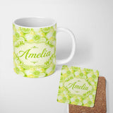 Personalized Custom Name Light Green Botanical Vine Scroll Seamless Pattern Cute Unique Gift 11oz Ceramic Coffee Tea Mug White Large Handle