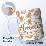 Personalized Custom Name Cute Gingerbread Cookies Mittens Houses Seamless Pattern Lovely 11oz Ceramic Coffee Tea Mug White Large Handle
