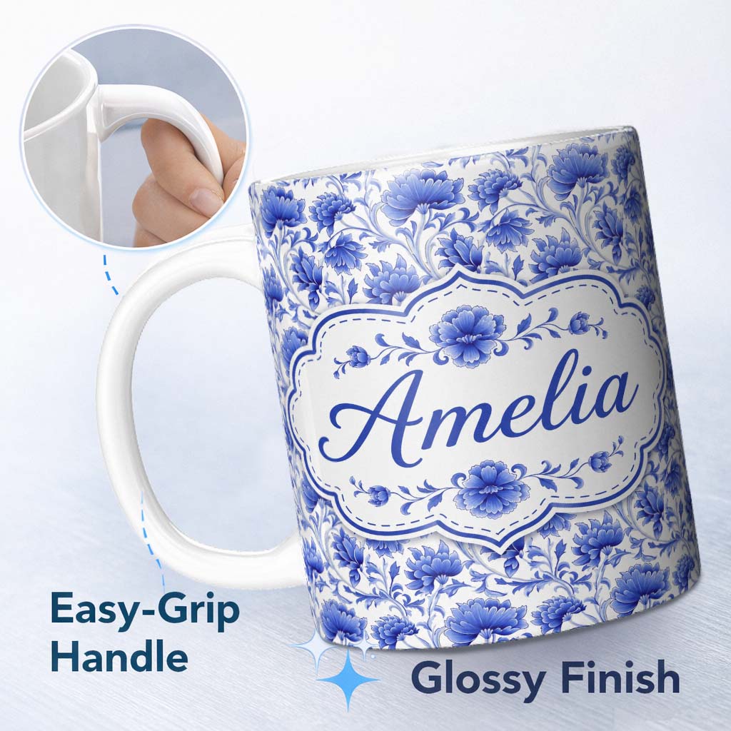 Personalized Custom Name Elegant Blue Vintage Floral Vine Seamless Pattern Cute Unique Gift 11oz Ceramic Coffee Tea Mug White Large Handle