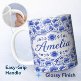 Personalized Custom Name Elegant Blue Vintage Floral Vine Seamless Pattern Cute Unique Gift 11oz Ceramic Coffee Tea Mug White Large Handle