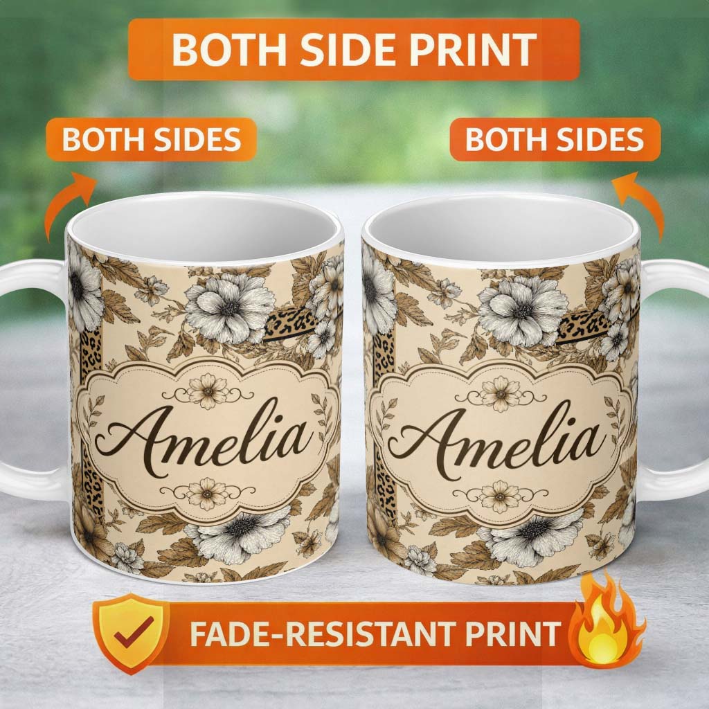 Personalized Custom Name Vintage Neutral Floral Detailed Flowers and Leopard Print Panel 11oz Ceramic Coffee Tea Mug White Large Handle