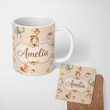 Personalized Custom Name Cute Woodland Deer Fox Mushroom Seamless Pattern on Warm Beige 11oz Ceramic Coffee Tea Mug White Large Handle