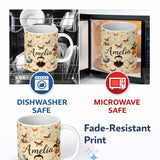 Personalized Custom Name Vintage Style Butterflies with Soft Pastel Texture Seamless Pattern 11oz Ceramic Coffee Tea Mug White Large Handle